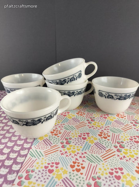 Vintage Corning Corelle Old Town Blue Onion Blue & White Milk Glass Mugs, Set/5
