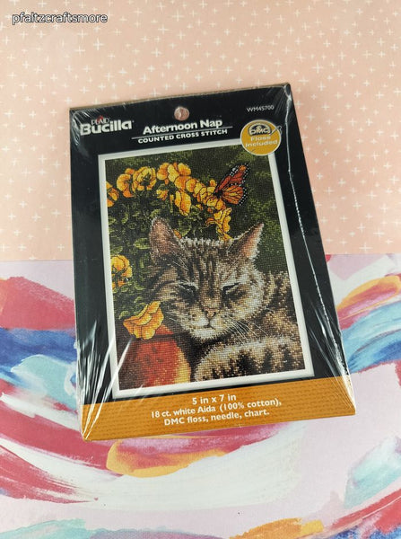 2012 Plaid Bucilla "Afternoon Nap" Kitty Cat w/Flowers Counted Cross Stitch #WM45700 NEW