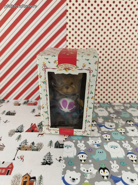 Vintage Merry Gifts of Christmas Teddy Bear 3" Vinyl Doll Ornament, NIB