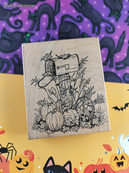 Vintage 1998 Northwoods Fall Festive Pumpkins Mailbox Wooden Block/Rubber Stamp