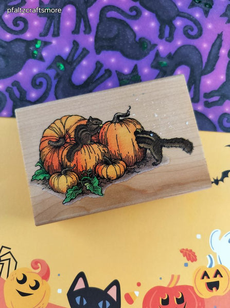 Vintage 1997 Stampendous! Squirrels w/Pumpkins Fall Festive Wooden Block/Rubber Stamp