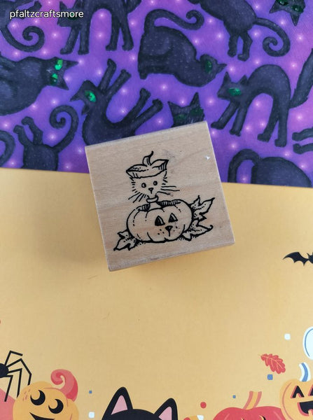 Vintage 2004 Stampendous Peek-a-Book Pumpkin w/Kitty Cat F120 Wooden Block/Rubber Stamp