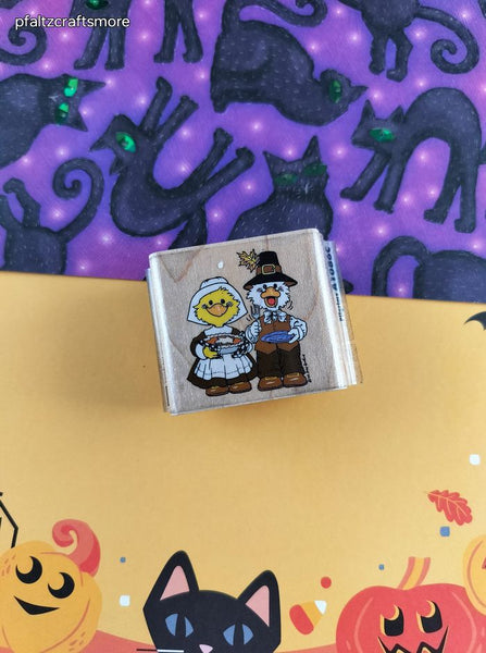 Vintage Suzy's Zoo Fall Festive Thanksgiving Pilgrims Wooden Block/Rubber Stamp