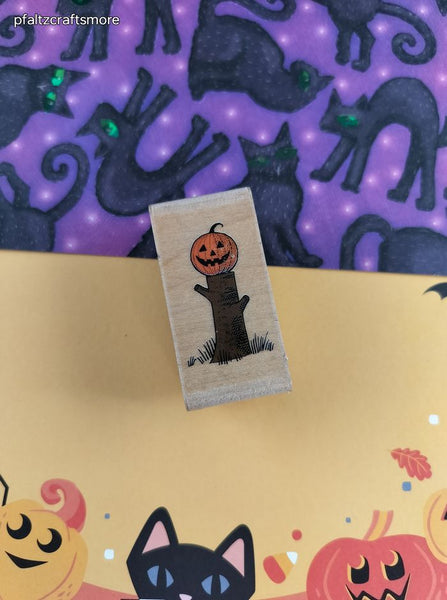 Vintage Rubber Stampede Fall Festive Pumpkin on Log 360-C Wooden Block/Rubber Stamp
