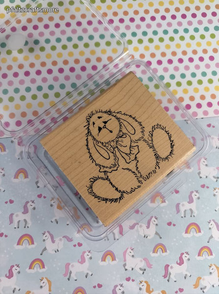 Vintage Holly Berry House Sad Bunny Rabbit w/Bow Wooden Block/Rubber Stamp