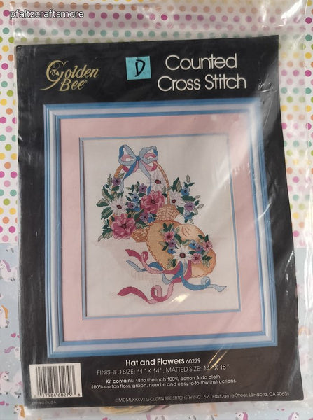 Vintage 1987 Golden Bee Hat and Flowers #60279 Counted Cross Stitch Kit NEW