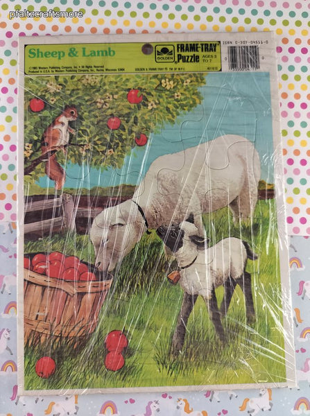 Vintage Sheep & Lamb Golden Cardboard Frame-Tray Puzzle, Nice Clean