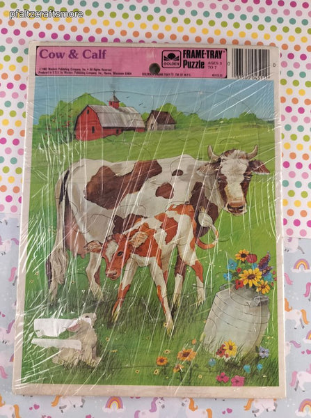 Vintage Cow & Calf Golden Cardboard Frame-Tray Puzzle, Nice Clean