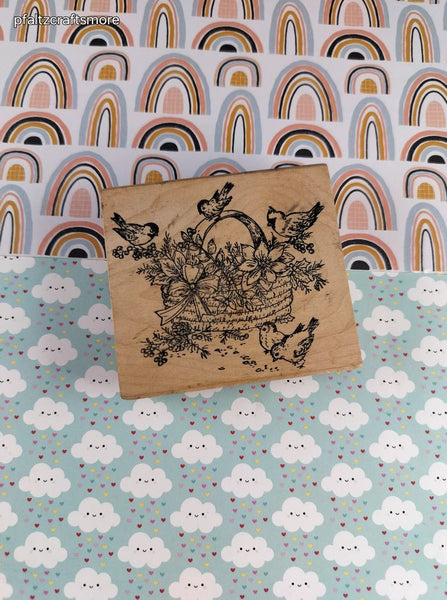 Vintage Garden Floral Basket w/Birds Wooden Block/Rubber Stamp