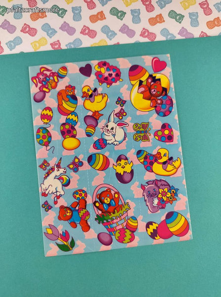 Vintage Lisa Frank Spring Easter Bunnies Chicks Rainbow Eggs Full Sticker Sheet #S137