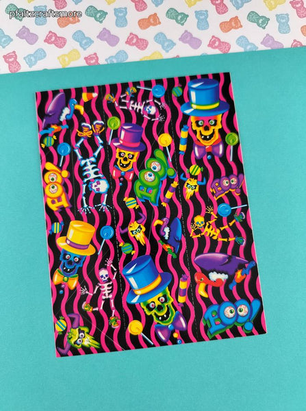 Vintage Lisa Frank Halloween Black Pink Skeleton Spooky Rainbow Full Sticker Sheet #S198