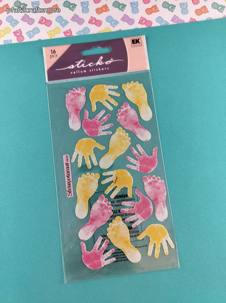 Vintage Sticko Stickers, "Pink Yellow Handprints Footprints", 1 Sheet New & Sealed