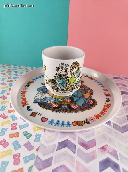 Vintage 1969 Oneidaware Bobbs-Merrill Raggedy Ann & Andy Melamine Plate / Cup Set