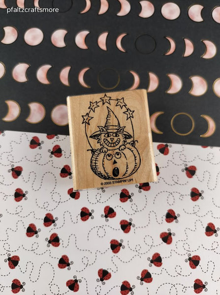 Vintage 2003 Stampin' Up Halloween Pumpkin & Witchy Kitty Cat Rubber Stamp Block