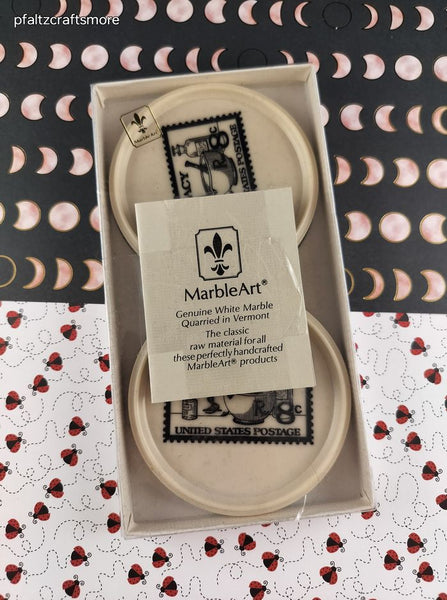 Vintage MarbleArt White Marble Large Felt-Backed Coaster Set/2, Like New