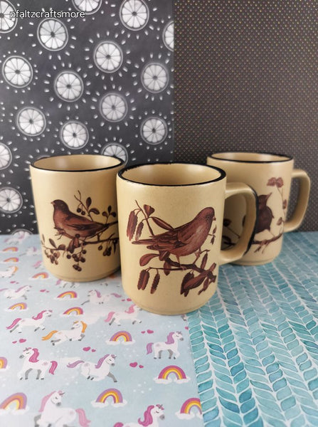 Vintage Otagiri JAPAN Brown & Tan Spring Blossom Birds Ceramic Mugs Set/3, Like New