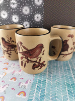 Vintage Otagiri JAPAN Brown & Tan Spring Blossom Birds Ceramic Mugs Set/3, Like New