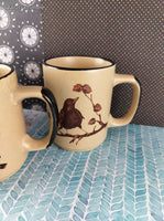 Vintage Otagiri JAPAN Brown & Tan Spring Blossom Birds Ceramic Mugs Set/3, Like New