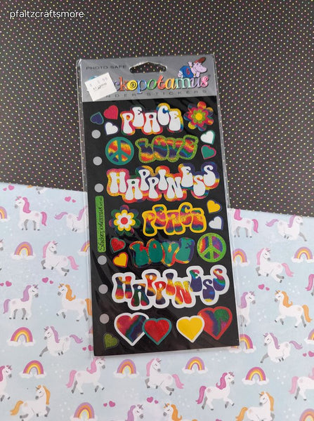 Vintage Stickopotamus Stickers, "Groovy Peace Love Happiness" SHINY, 1 Sheet New & Sealed