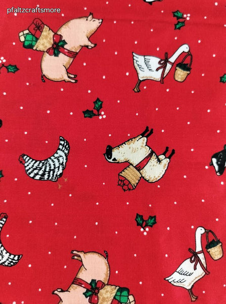 Vintage 1994 Fabric Traditions Christmas Farm Animals Red Fabric Remnant, 19" x 44" W, CLEAN