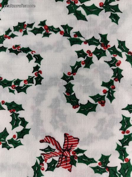 Vintage White Green Red Christmas Holly Wreath Fabric Remnant, 1-3/4 x 44" W, CLEAN