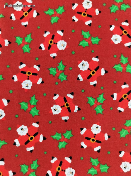 Vintage Christmas Santa Stars Red Fabric Remnant, 28" x 23" W, CLEAN