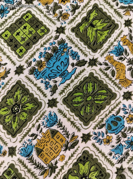 Vintage Green Blue Golden Olde Tyme Country Fabric Remnant, 2 yd x 42" W, CLEAN