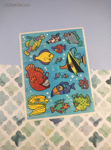 Vintage Hallmark Under the Sea Colorful Silly Fish Full Sticker Sheet, Clean & Unused