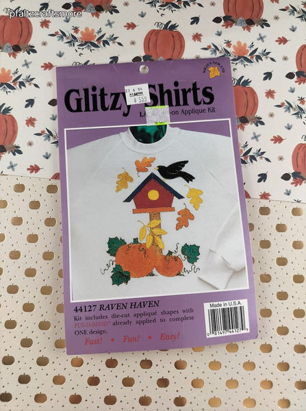 Vintage 1996 Fall Autumn Birdhouse Glitzy Shirts Iron-On Applique Kit NEW SEALED