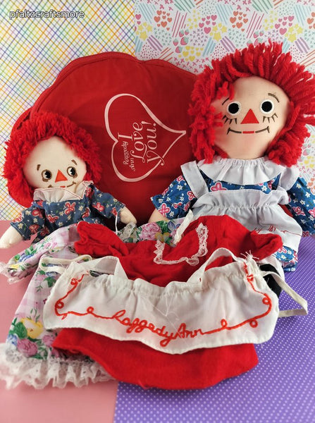 Vintage Raggedy Ann Set/Plush Dolls w/Dresses, Apron, Heart-Shaped Zippered Carry Case