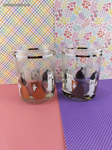 Vintage Georges Briard Low Ball Glass Silver & Gold Kitty Cat Design w/Signature Set/2 Tumblers