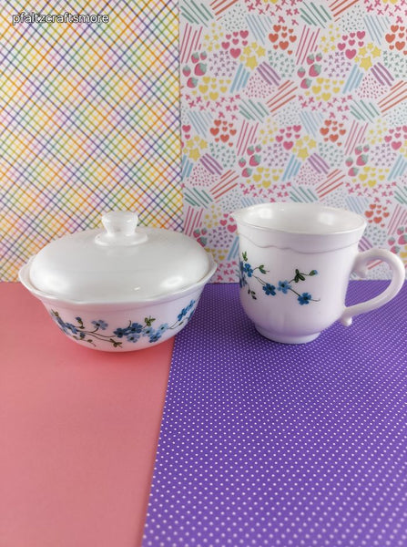 Vintage Veronica Forget Me Not Floral Arcopal French Sugar Bowl + Creamer Set, Nice & Clean