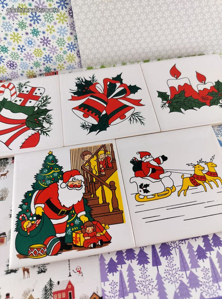 Vintage Christmas Decorative Tiles Coasters Ceramic Square Set/5, Nice & Clean