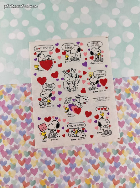 Vintage 1990's Hallmark Peanuts Snoopy Valentine's Day Hearts Full Sticker Sheet, Clean & Unused