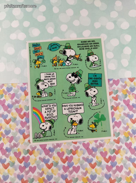Vintage 1990's Hallmark Peanuts Snoopy St. Patrick's Day Clovers Full Sticker Sheet, Clean & Unused