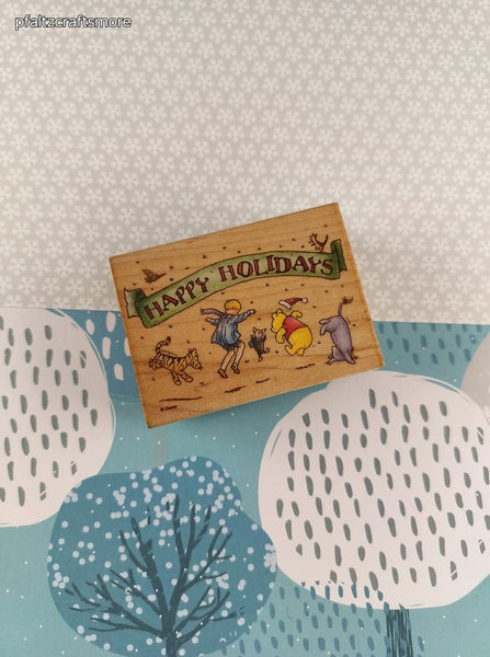 Vintage All Night Media Christmas Winnie the Pooh "Fun in the Snow" Happy Holidays Rubber Stamp