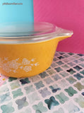 Vintage Pyrex 474-B 1.5L Round Butterfly Gold Yellow Casserole Dish w/Lid