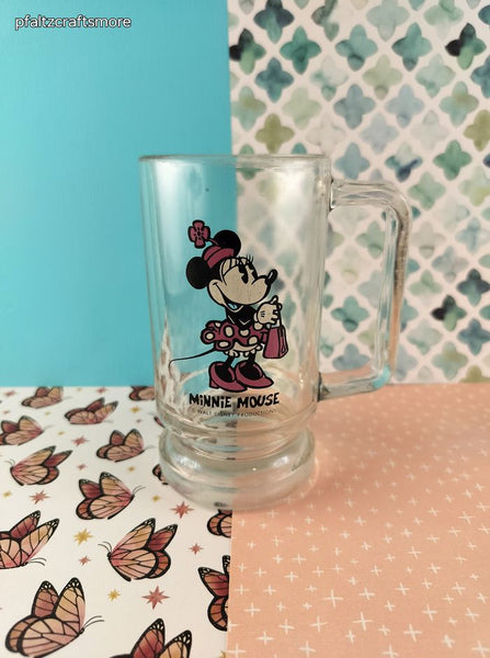 Vintage Walt Disney's Minnie Mouse Tall Heavy Clear Glass Mug Stein w/Handle
