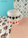 Vintage Federal Glass Playing Cards Suits Hearts Clubs Spades Diamonds Milk Glass Mug, Like New