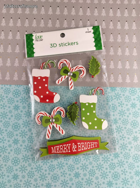 Love Nicole Christmas Winter Stockings Candy Canes 3-Dimensional Sticker Pack, New/Sealed
