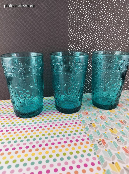 The Pioneer Woman Amelia Teal Glass Tumblers Set/3, Like New