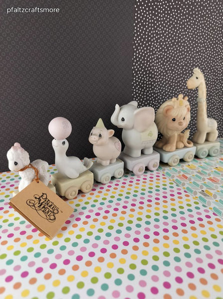 Vintage 1985 Precious Moments Baby Birthday Ceramic Pastel Animal Train 1 - 6