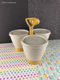 Vintage 10-pc Tupperware Tan & Yellow  Condiment/Dip Caddie Set w/Spoons 733-1, 733-2, 733-3