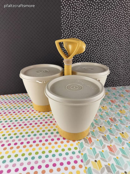 Vintage 10-pc Tupperware Tan & Yellow  Condiment/Dip Caddie Set w/Spoons 733-1, 733-2, 733-3