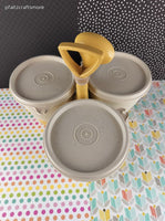 Vintage 10-pc Tupperware Tan & Yellow  Condiment/Dip Caddie Set w/Spoons 733-1, 733-2, 733-3