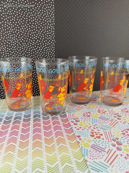 Vintage 1971 Archie Comics Hot Dog Goes to School Small Glass Tumblers Set/4, Like New