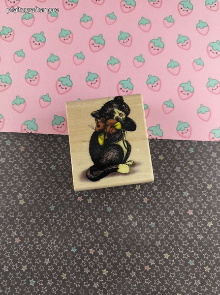 Vintage 1998 Skykids Kitty Cat w/Mouse Wooden Block/Rubber Stamp
