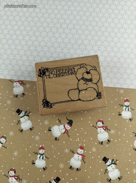 Vintage 1989 D.O.T.S. Christmas No Peeking Bear #N106 Wooden Block/Rubber Stamp