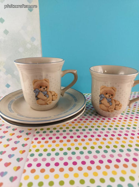 Vintage Tienshan Stoneware Country Bear Tea Cups w/Saucers Set/2, Like New