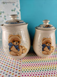 Vintage Tienshan Stoneware Country Bear Canister Cookie Jars Set/2 w/Lids, Like New